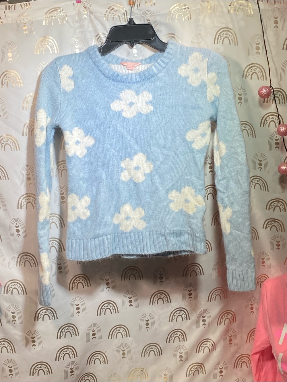 Girls Light Blue Floral Knit Crewneck Sweater